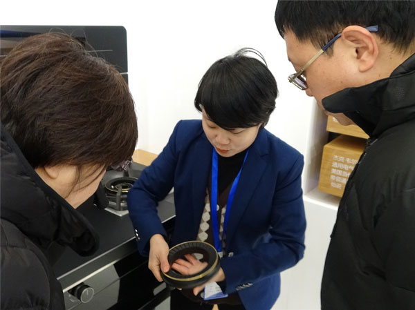 藍炬星培訓部王釵向領導們介紹藍炬星集成灶產品