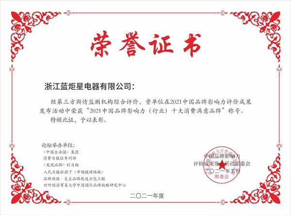 2021中國品牌影響力（行業）十大消費滿意品牌榮譽證書